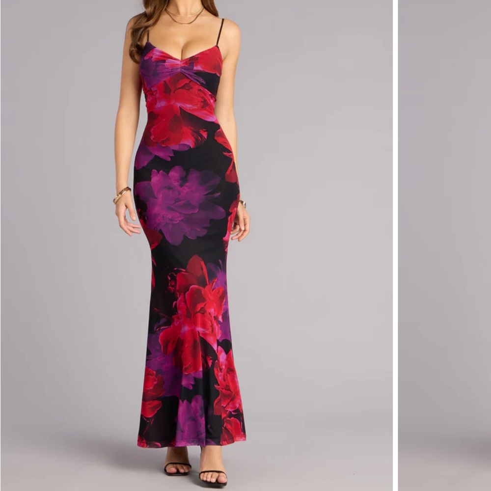 Floral Twist-Front Spaghetti Strap Maxi Dress - Red & Purple